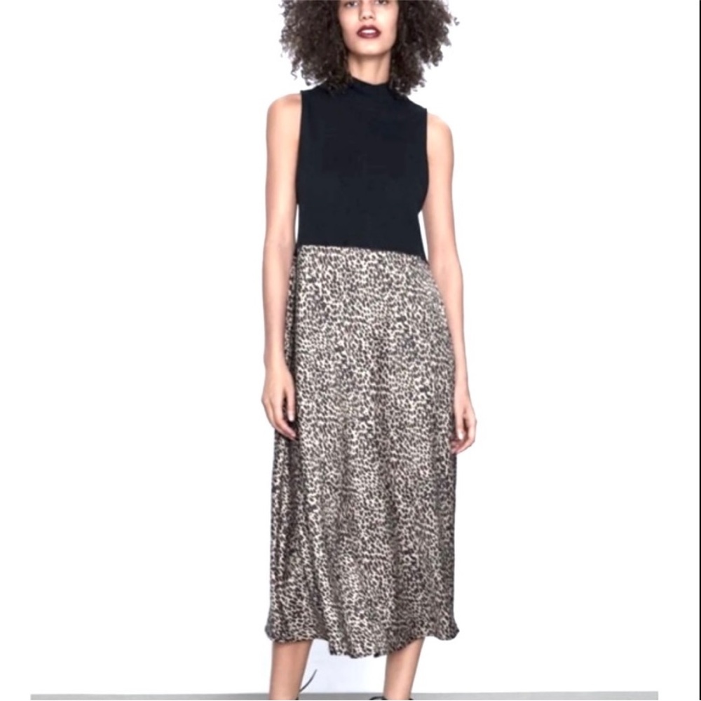 Zara Leopard Print Sleeveless Mockneck Midi Dress Size Small